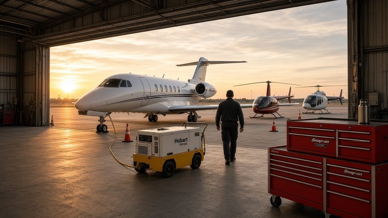 Mechanic walking past a business jet and two helicopters from inside a hangar at sunset, with a ground power unit and red tool chests in the foreground
